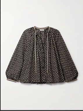 Doen Black with Cream Accents Tie-Neck Peasant Blouse